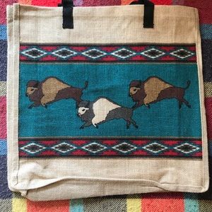 Large Blue Jute Tote with Buffalo